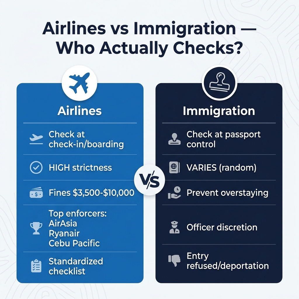 Comparison of airline versus immigration enforcement of onward travel requirements, showing airlines check at check-in with high strictness, while immigration checks are random