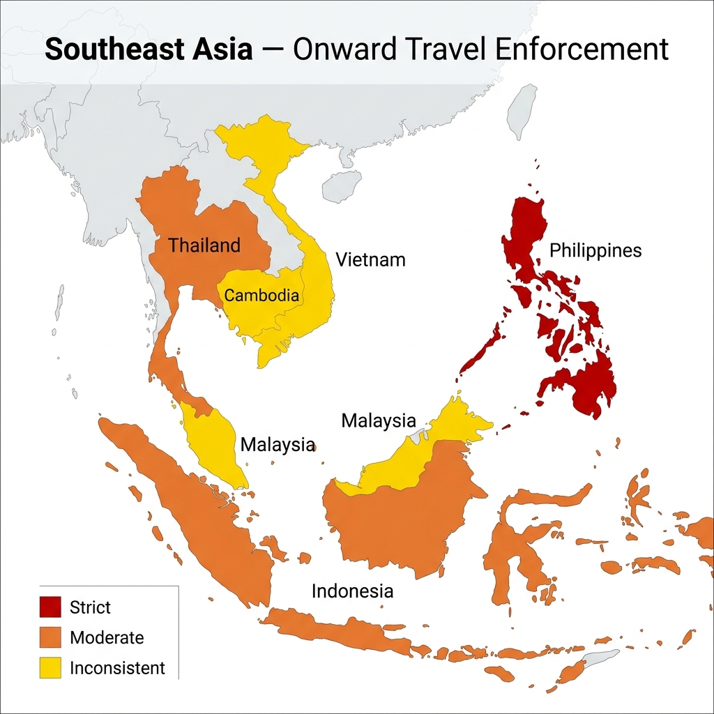Southeast Asian countries that require proof of onward travel: Philippines (strict), Thailand (moderate), Indonesia (moderate), and others