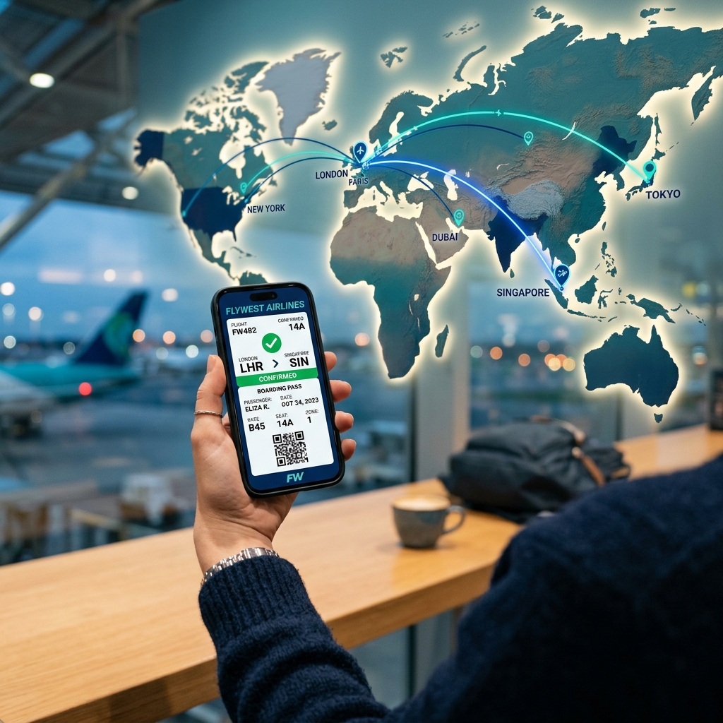 Traveler at airport checking how to get proof of onward travel on phone