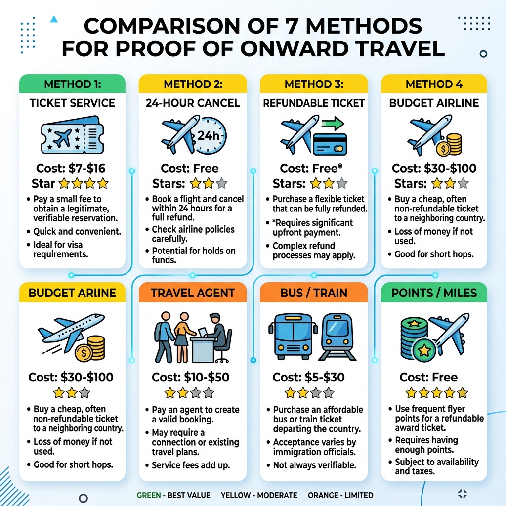 Comparison infographic of 7 methods to get proof of onward travel, ranked by cost, speed, and reliability